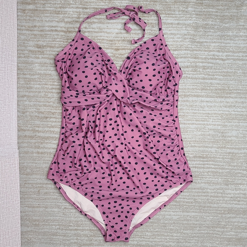 Isabel Maternity Cross Drape Polka Dot Halter Ruched One Piece Swimsuit Sz Large